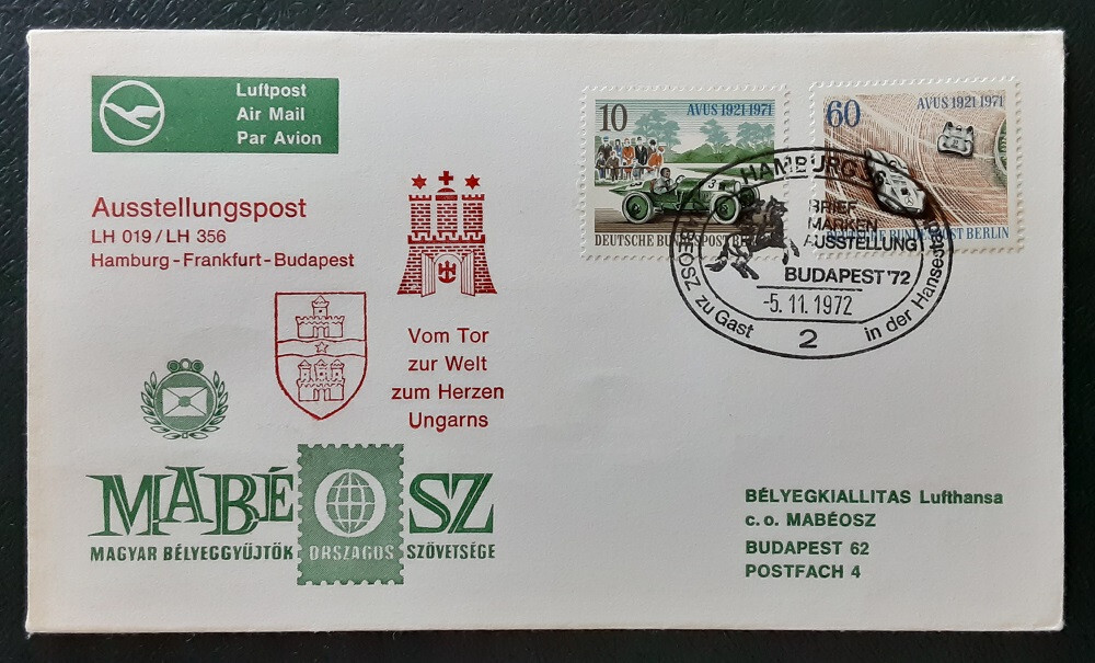 GERMANY Berlin 1972 Flight Cover Hamburg – Budapest Race Cars Superb 3278-1