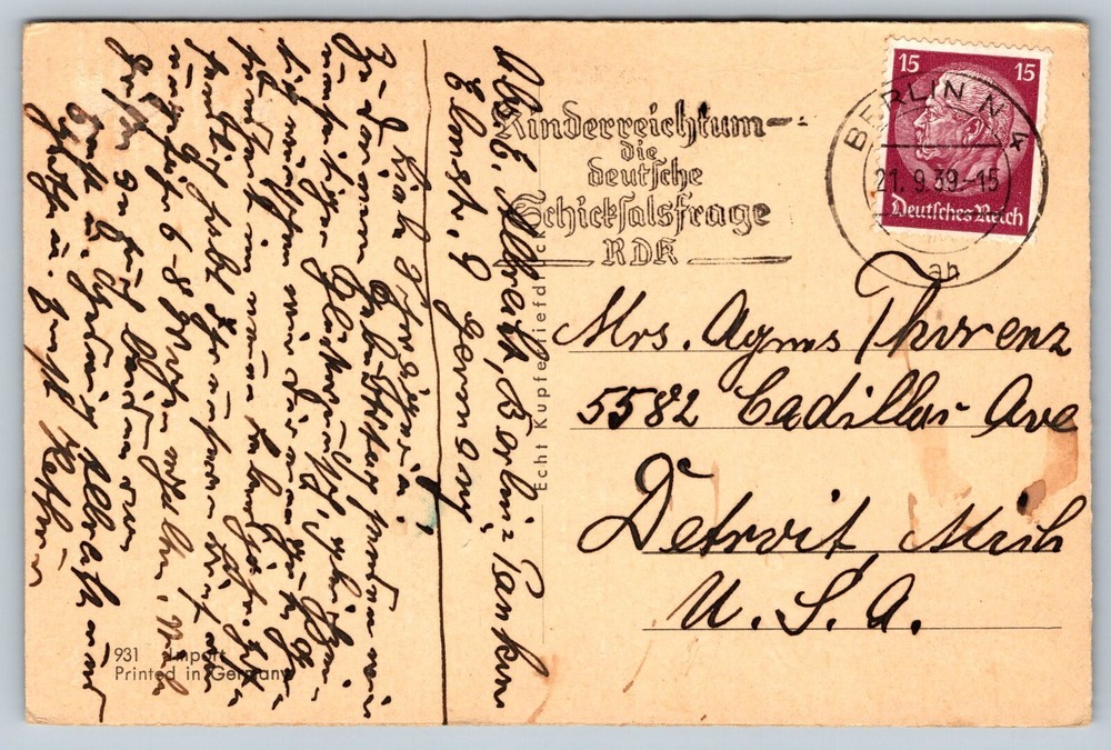 1939 Berlin Germany Slogan to Detroit Michigan USA Hindenburg Stamp Postcard