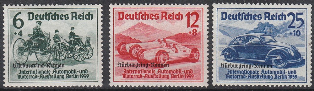 Stamp Germany Mi 695-7 Sc B143 1939 WWII Nuremburg Race Benz Volkswagen OP MH