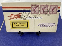 1927 Early Germany airmail Postcard, 15PF X 3, Light Cancels, Berlin to New York