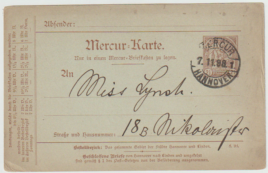 Germany 1899 Private Post Mercur Hanover 2 1/2 pf Cancelled „MERCUR 7/11/98 Post