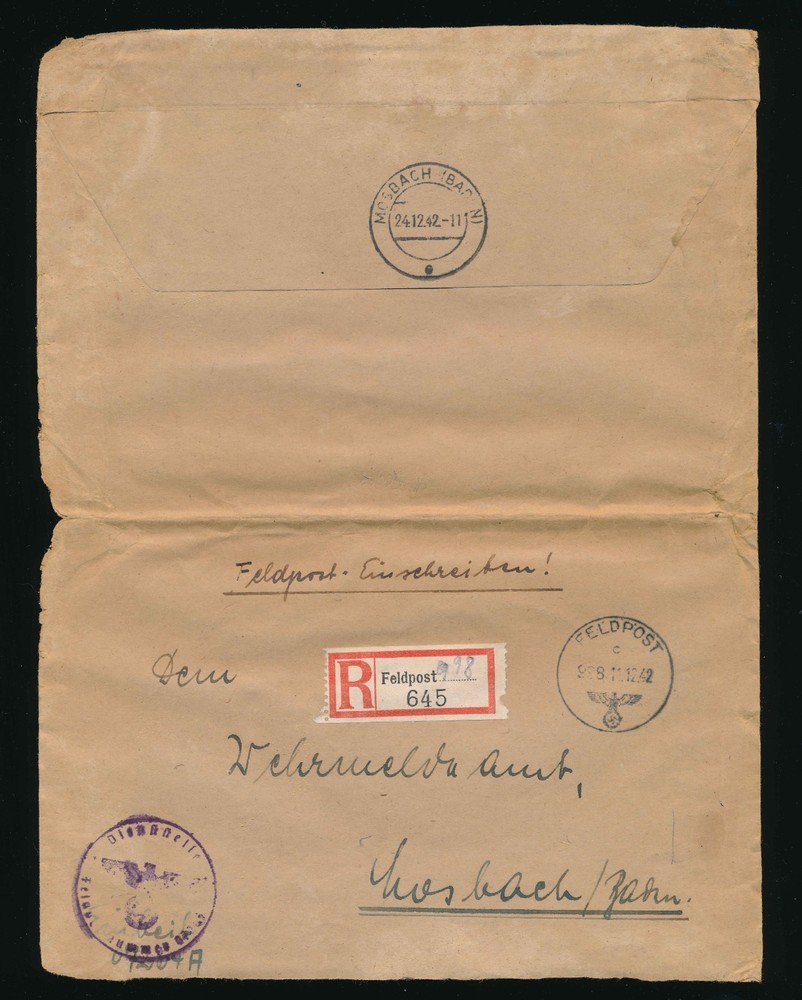 Germany WWII 1942 Registered Feldpost Cover R Label 645 Mosbach Military Mail