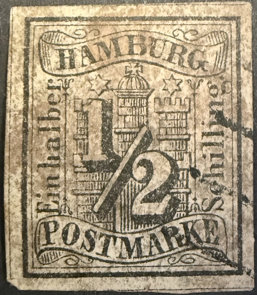 German states, Hamburg stamp 1859 SG1 1/2s black, used, 4 margin, SG Cat £1,000
