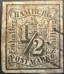 German states, Hamburg stamp 1859 SG1 1/2s black, used, 4 margin, SG Cat £1,000