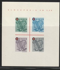 Germany-Baden 1949 Sc # 5NB 4a Red Cross Sheet of 4 MNH OG $ 90