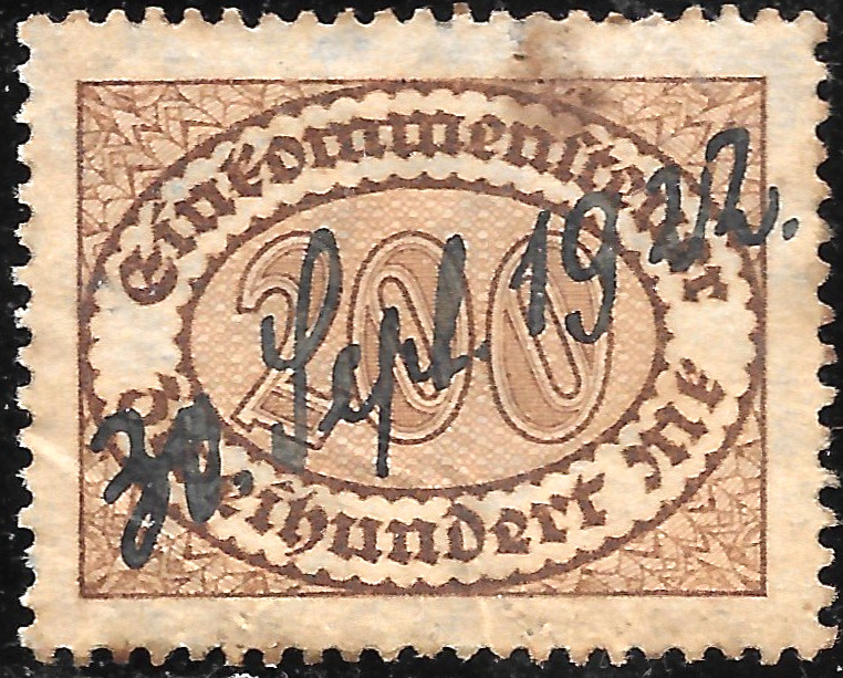 1920 Germany Weimar Rep.Infl.200 MK Income tax Revenue Steuermarken 30.Sep.1922