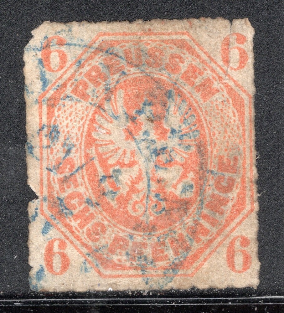 German States Prussia Stamp Scott #16, 6pf, Coat of Arms, Orange, Used SCV$14.50