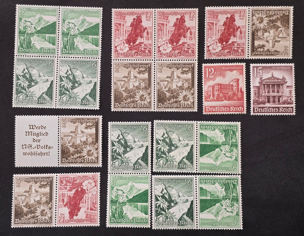 1938 WWII Nazi German Third Reich NSDAP WHW Winter Help Flowers Stamps Tenants