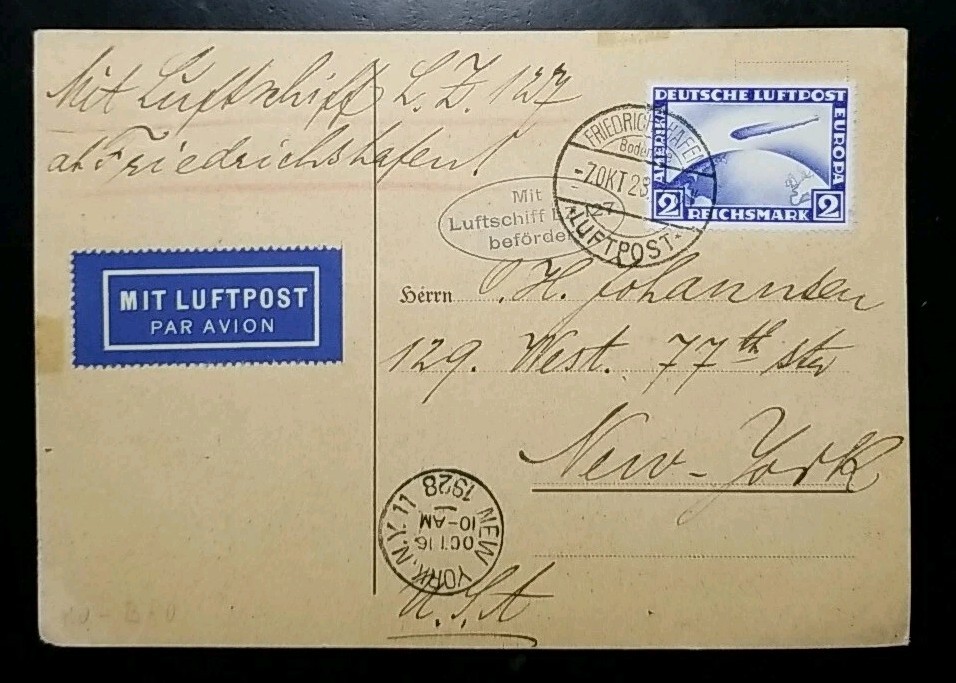 1928 Germany Stamps #C36 2RM LZ-127 Graf Zeppelin Flown to NYC First Flight Card
