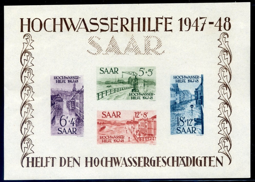 Saar B64a, 1947 Flood Relief Souvenir Sheet, Mint LH, Scott $325