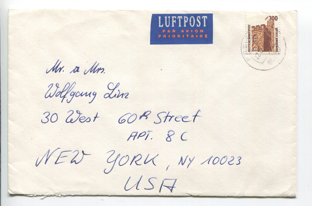 Germany 1993 Airmail Cover to USA 300pf Heidelberg Castle Stamp New York