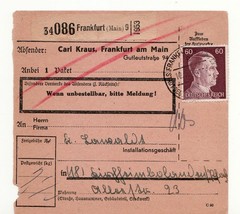 1940s Germany Paketkarte Frankfurt to Dietzenbach 60pf Hitler Head 7kg Parcel