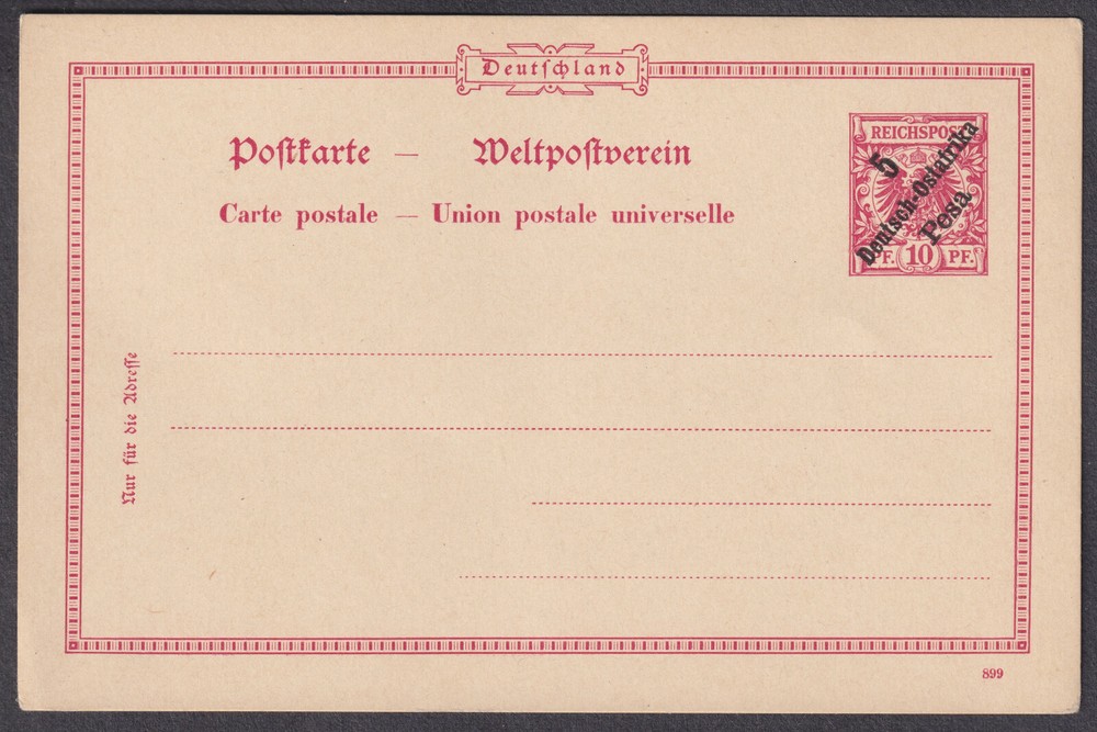 Reichspost 10pf Stationery Postcard; 5 Pesa Deutsch-Ostafrica overprint; Mint
