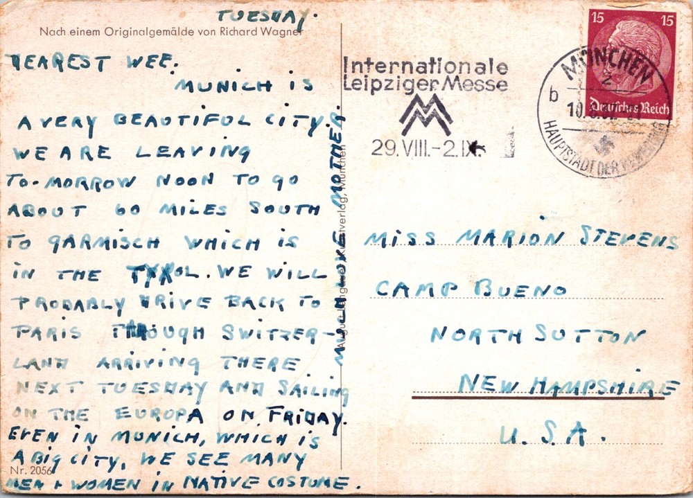 GERMANY 1937 POSTAL HISTORY COLOR PICT MUENCHEN POSTCARD ADDR USA CANC MUENCHEN