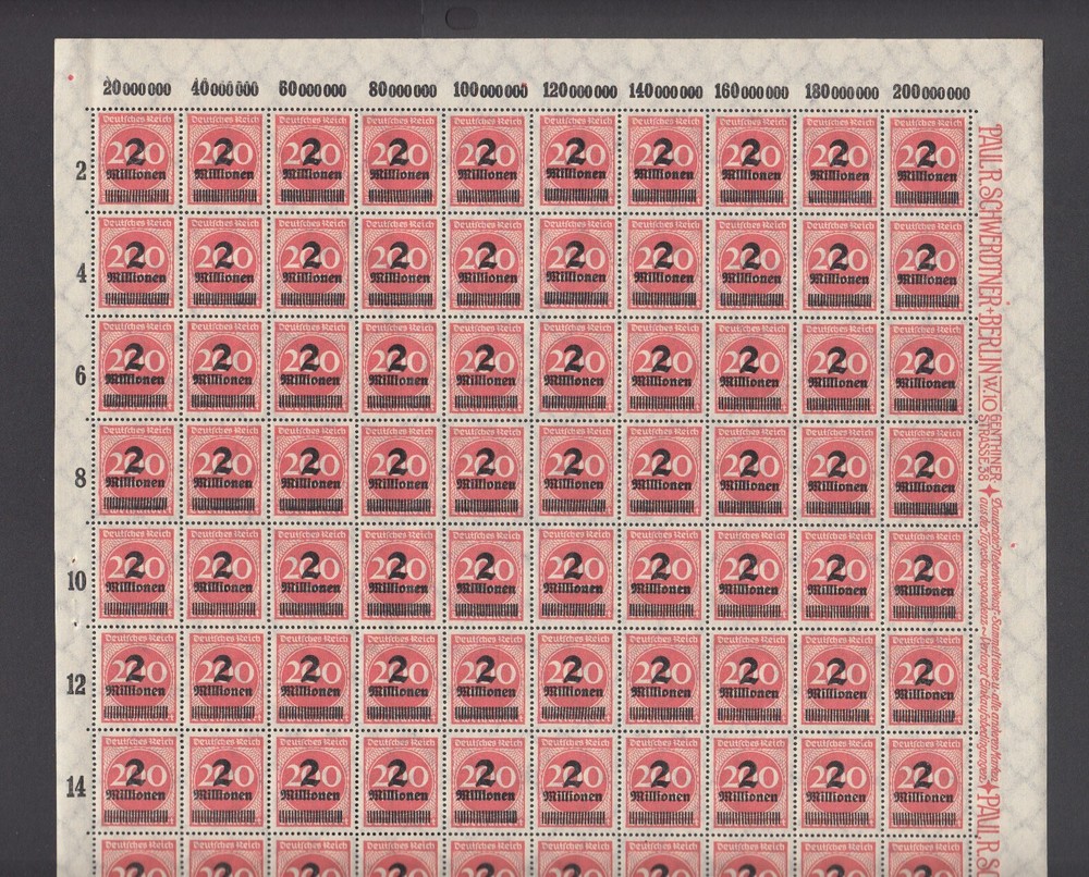 Germany Sc 269, Mi 309A MNH. 1923 2m on 200m rose red, choice full sheet, VF