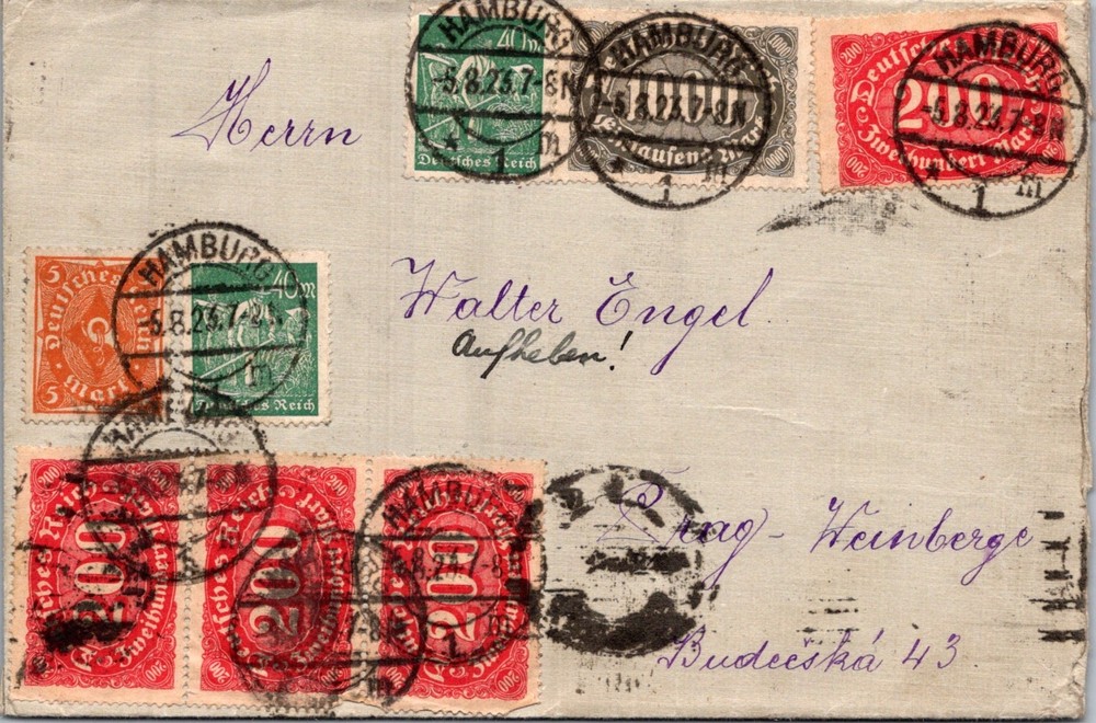 GERMANY 1923 POSTAL INFLATION MULT FRANKED COVER ADDR PRAG POSTMARK HAMBURG