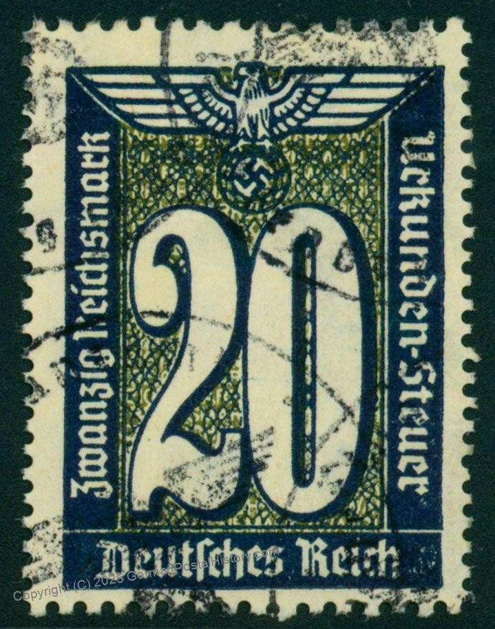 Germany Urkunden Steuer 20 RM Wmk Emblem Used Document Tax Stamp 76242