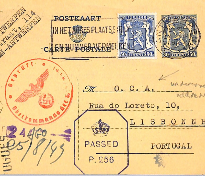 BELGIUM WW2 Germany Occ 1943 Card LISBON *OCA* UNDERCOVER ADDRESS Refugees WB251