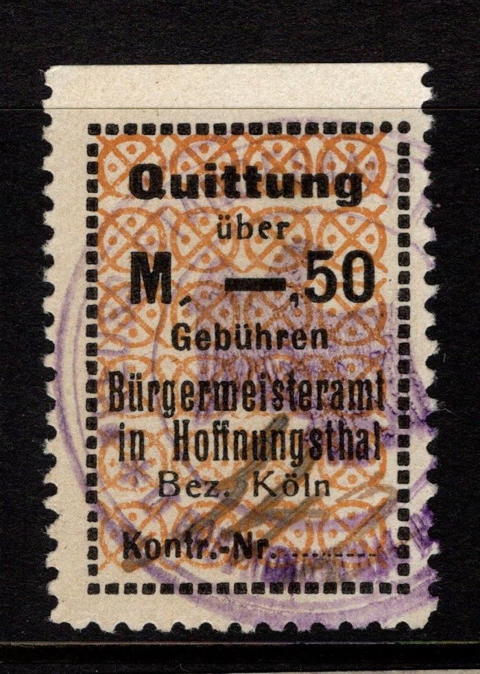 Germany Hoffnungsthal Mid 1900s .5m Quittung Revenue Used / Orange – S56920