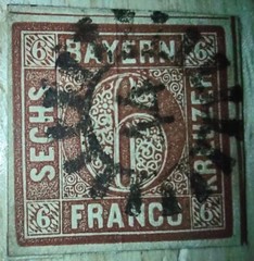 1850 BAVARIA IMPERF 6 Kr STAMP BROWN, NH #14 GEAR WHEEL CANCEL.