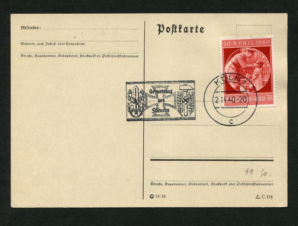Germany Köln Cologne 1940 Hitler’s Birthday Special Postmark #744 WWII Europe