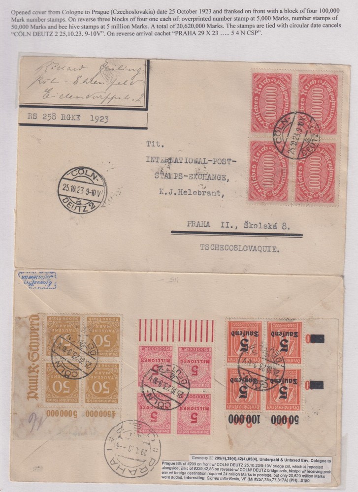 German Reich 1923 underfranked INFLA-cover Köln to Prag / signed INFLA/read text