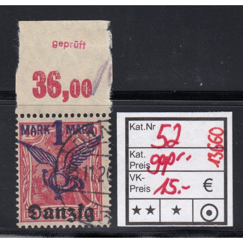 Danzig 1920 Mi. No. 52 Cancelled Certified