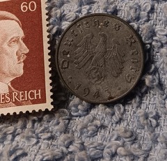 1943 German 10 Pfenning ~ km#101 , WW2 Germany ~ + 60pf. Stamp