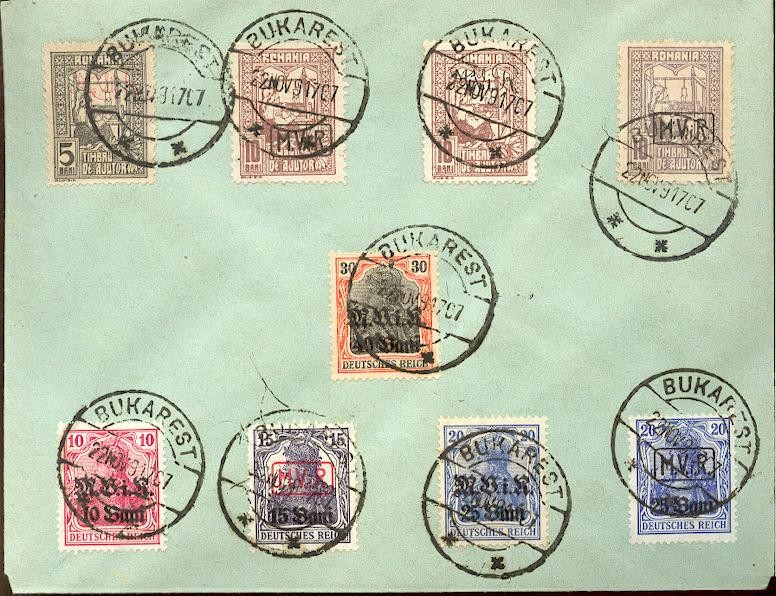 OCCUPATION WWI ROMANIA FORCED SURCHARGE STAMPS 1917 1-4 etc RECEIPT (48520