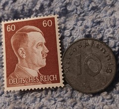 1943 German 10 Pfenning ~ km#101 , WW2 Germany ~ + 60pf. Stamp