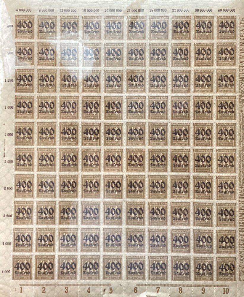 Germany Inflation 400 Tausend Full Sheet MNH Deutsches Reich 1923 Hyperinflation