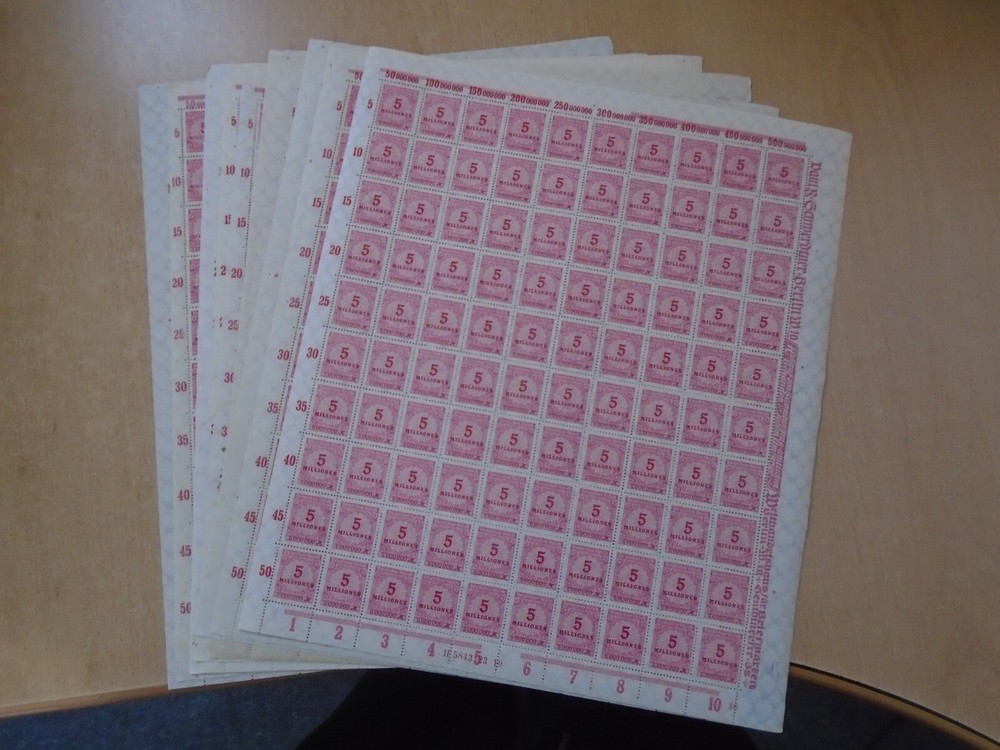 Germany – SG319 5M DM 1923 carmine. 9 x complete sheets of 100 stamps. MNH.