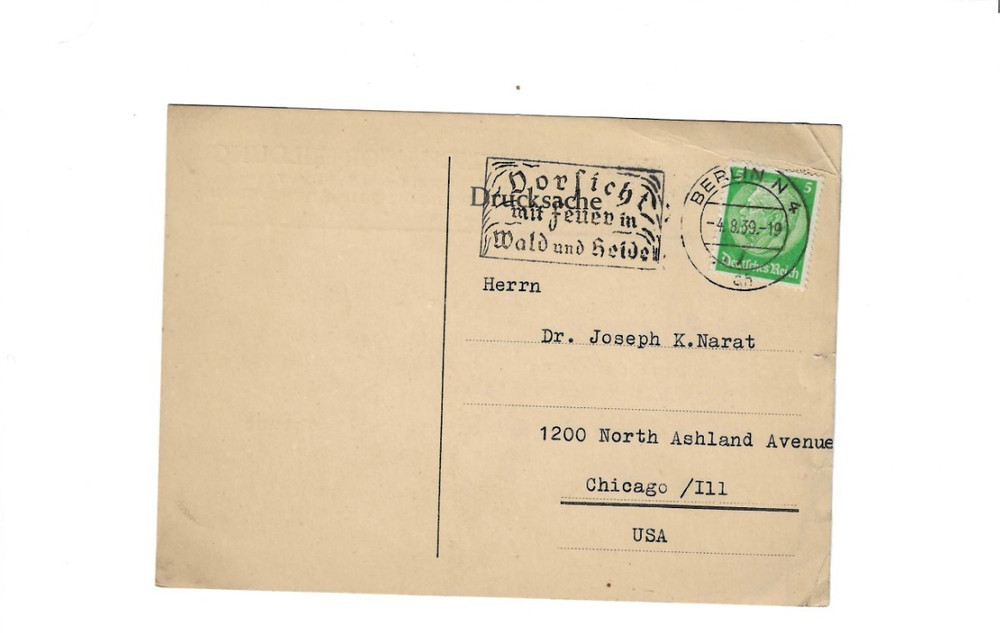 GERMANY 1939 Post Card sent from Berlin to U.S.-Slogan Cancel; small tear; creas