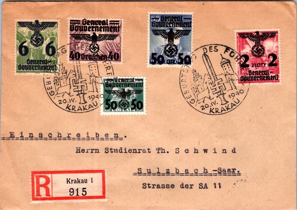 GERMANY 1940 WWII POLAND OCCUP REG COVER MULT FRANKING ADDR SULZBACH CANC KRAKAU
