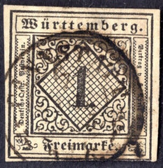 GERMANY WURTTEMBERG 1851 SCOTT #1