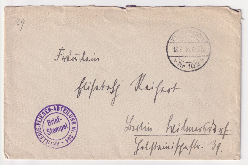 WW1 Artillerie Flieger Abteilung Feldpost Cover 1916 Anti-Aircraft Artillery