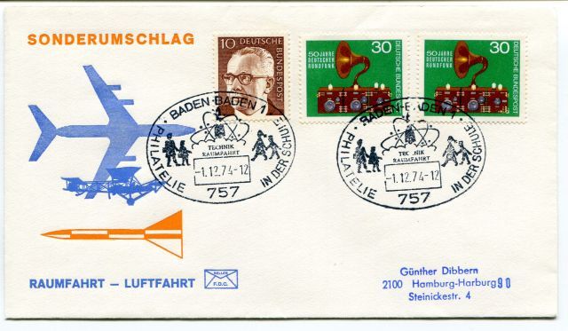1974 Sonderumschlag Raumfahrt Luftfahrt Baden Philatelie Deutsche Bundespost