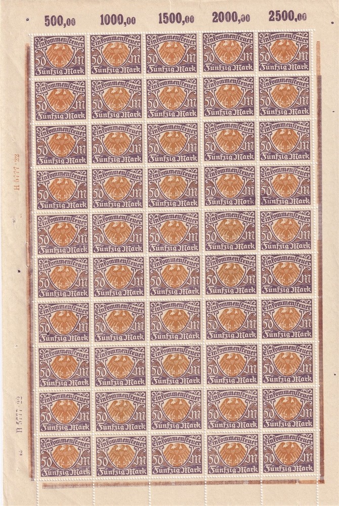 Stamp Germany Reich Revenue Sheet Tax 50 MNH