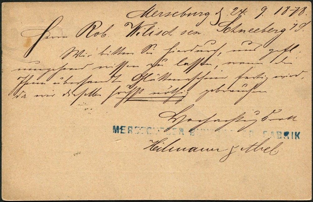 Germany 1878 Saxony Merseburg Paper Factory Stationery Postal Card to Schneeberg