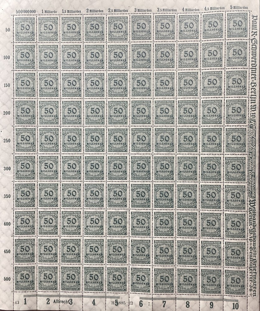 Germany 1923 Inflation 50 Millionen Mark Full Sheet MNH Deutsches Reich Hyperinf
