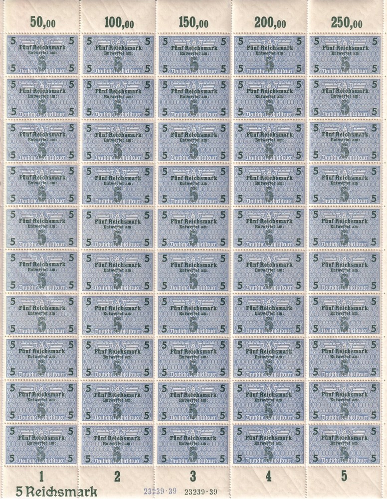 Stamp Germany Revenue Import Sheet WWII 3rd Reich War Era 500 MNH