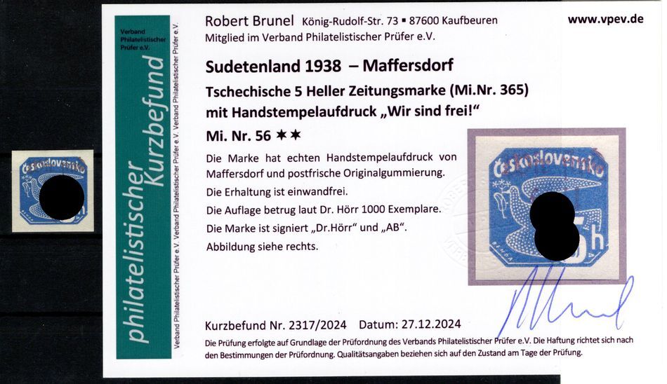 Sudetenland Maffersdorf 56 Impeccable MNH Mint + Signed Certificate (BA808