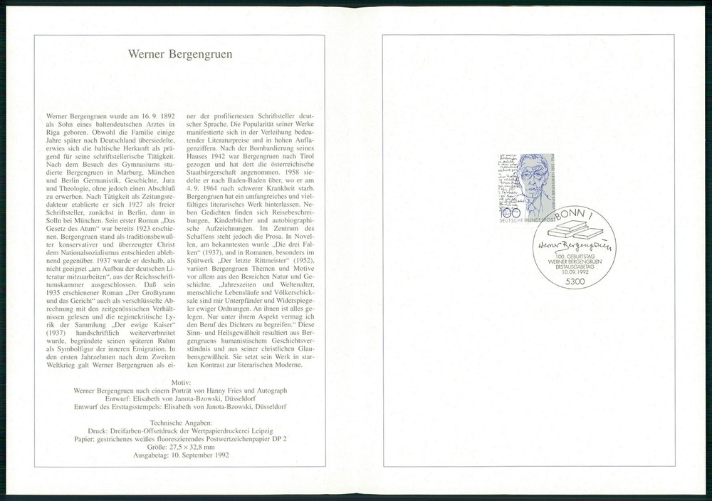 GERMANY FOLDER 1992/37 WERNER BERGENGRUEN SCHRIFTSTELLER