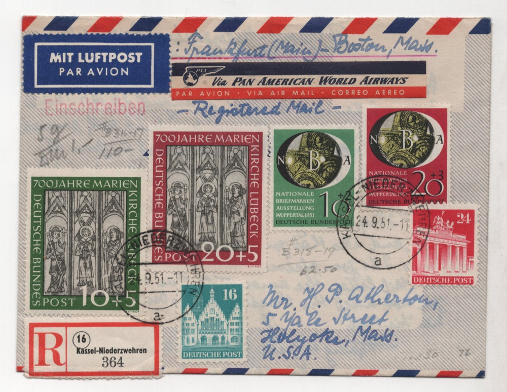 GERMANY TO US 1951 FRANKFURT REGISTERED AIR LETTER FRANKED MI. #139, 140, 141