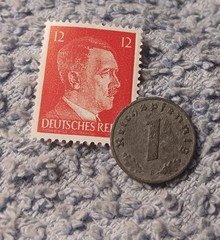 1942 German penny ~ 1 Pfenning ~ km#97 , WW2 Germany ~ + Red 12pf. Stamp