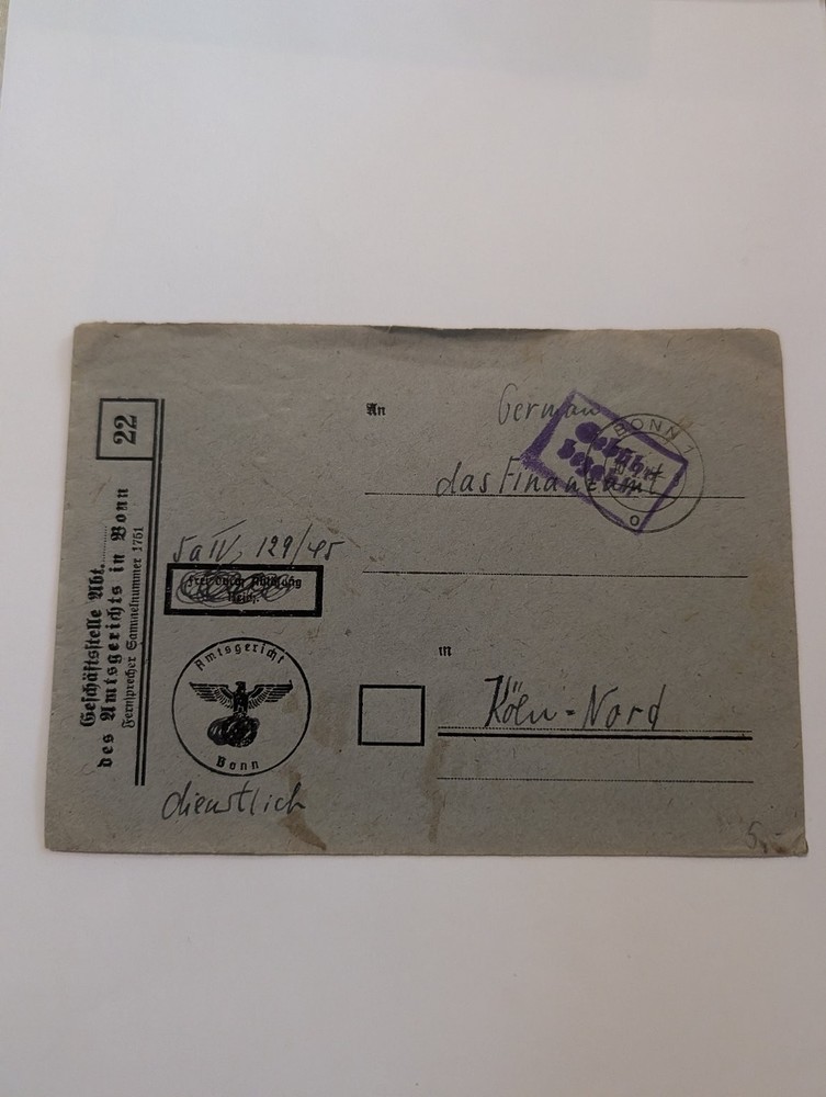 Germany Third Reich Official Document Amtsgericht Bonn 1945 Envelope