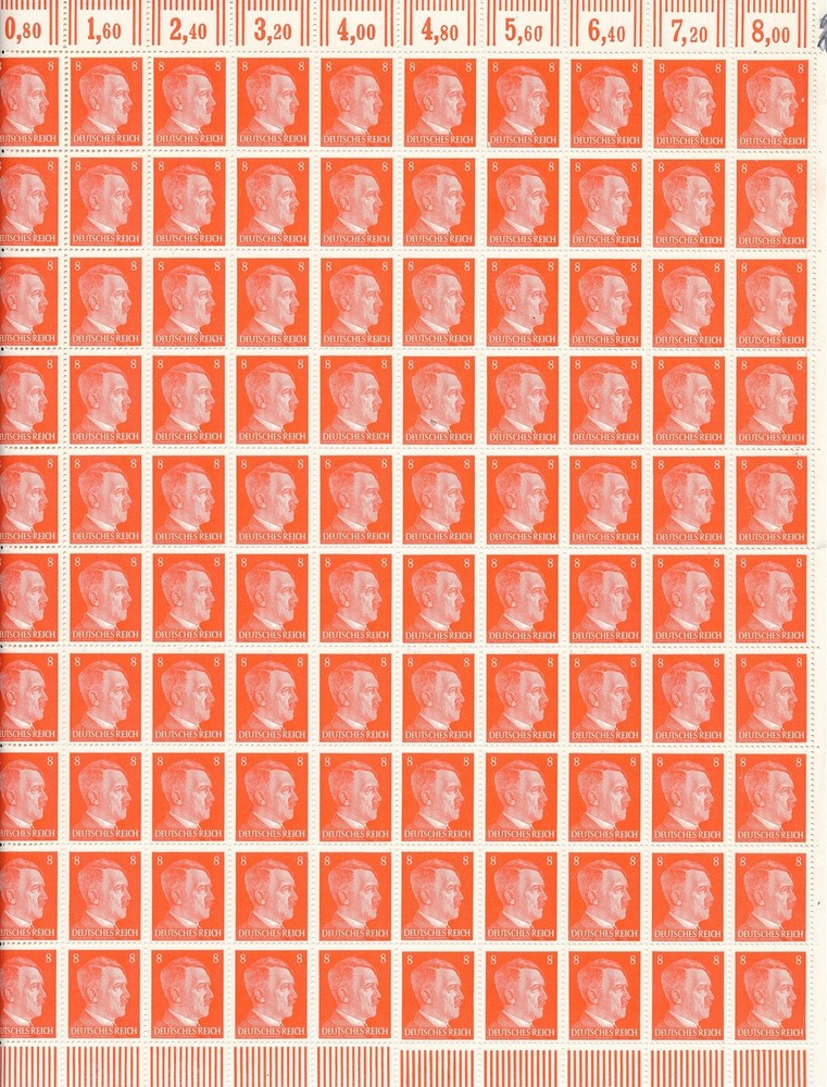 Stamp Germany 8 PF Adolf Hitler Sheet 1941 WWII 3rd Reich German MNH Faults