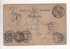 GERMANY TO SWITZERLAND 1898 5PF. WURTTEMBERG POSTAL CARD WITH „T“ MARKING