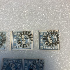 7 USED Antique Authentic Bavaria Bayern Stamps Blue 3 Kreuzer Numeral; 1850-1862