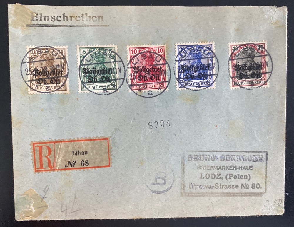1918 Libau German Occupation Of Latvia Registered Cover To Lodz Poland WWI